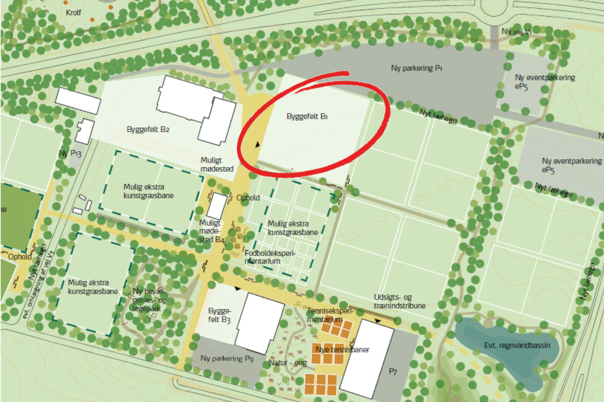 Placeringen af den nye multihal i Ølstykke ud fra administrationens oplæg til kommunens Økonomiudvalg